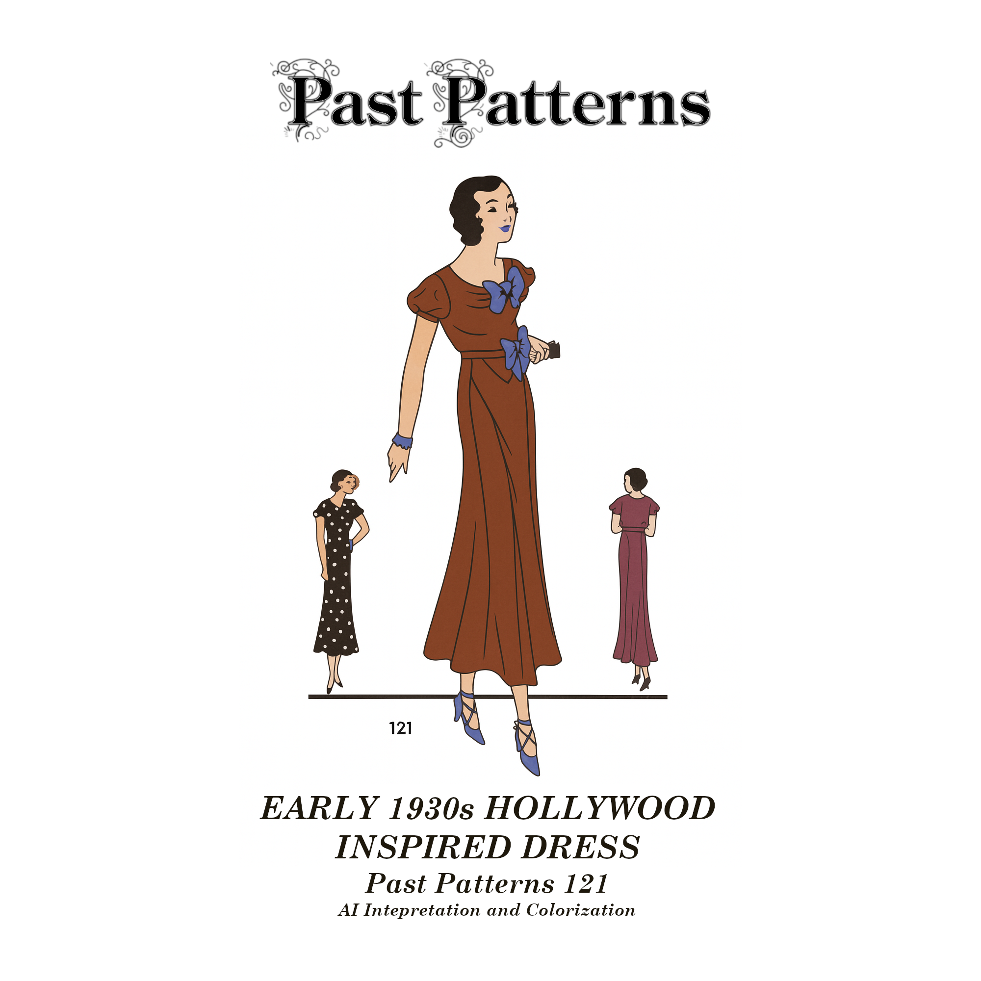 Early 1930s Hollywood Inspired Dress Sewing Pattern – AI generated color artwork, based upon the original, with puffed sleeves and bow neckline.