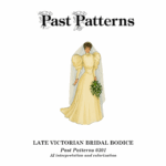 Illustration of a bride in an Early 1890s ivory wedding gown with leg-of-mutton sleeves, high collar, fitted waist, and flowing skirt. She wears a long veil and holds a bouquet of greenery and white flowers.