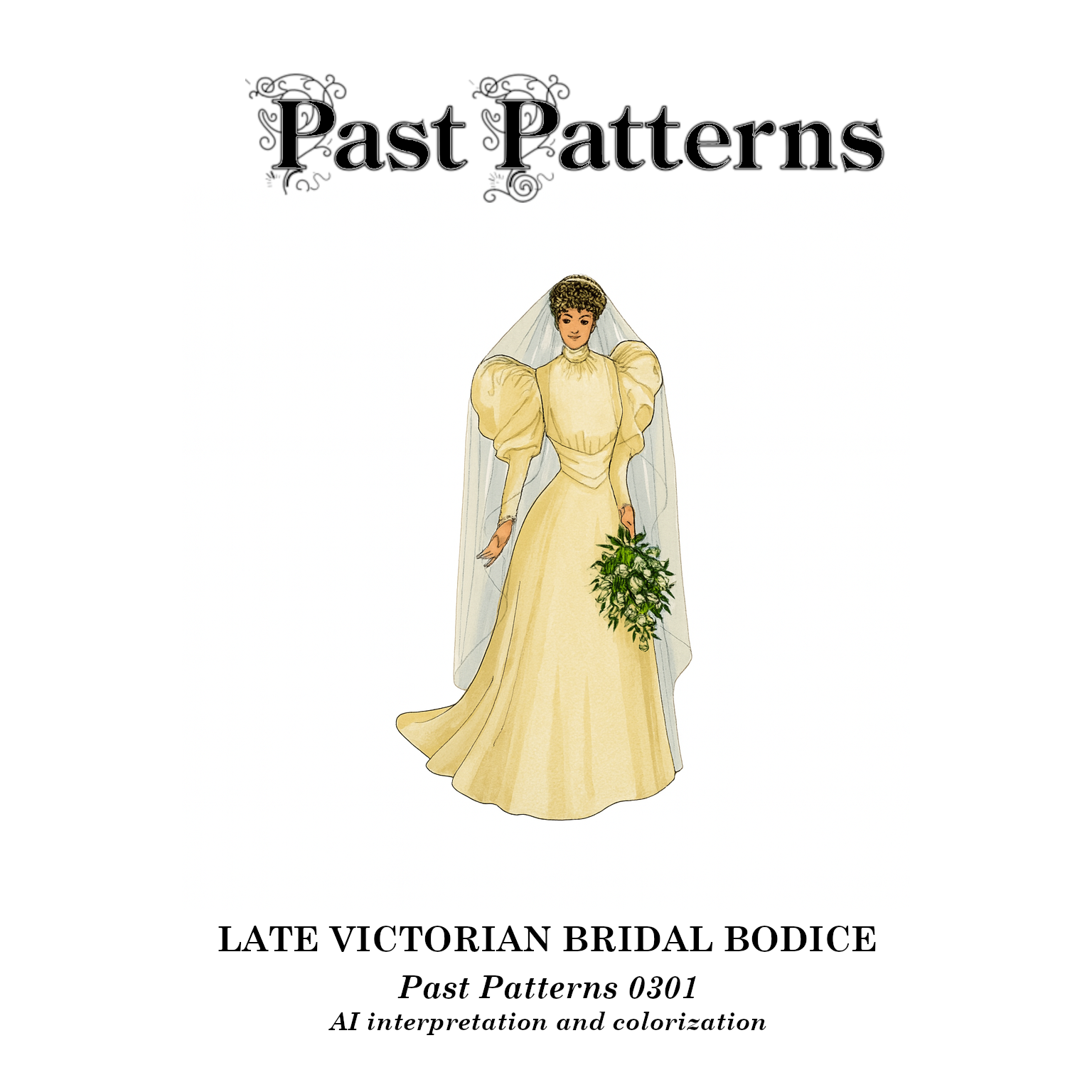 Illustration of a bride in an Early 1890s ivory wedding gown with leg-of-mutton sleeves, high collar, fitted waist, and flowing skirt. She wears a long veil and holds a bouquet of greenery and white flowers.