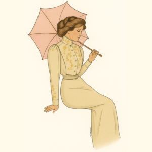 Colorized illustration of an Edwardian woman seated with a pale pink parasol, wearing a high-neck blouse with gold floral embroidery and a long matching skirt, styled in the iconic Gibson Girl fashion — based on early 1900s fashion. Based on the original Past Patterns 0404 artwork.
