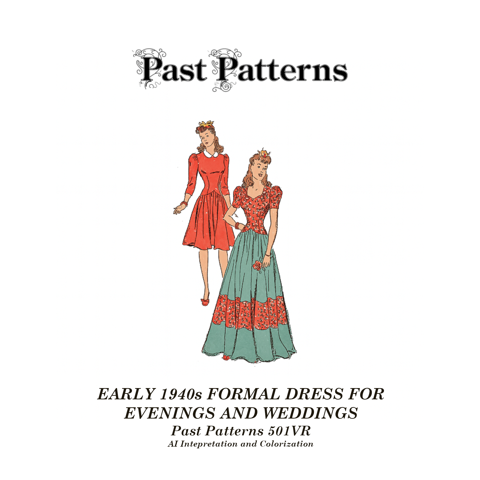 Colorized AI artwork of the Early 1940s Formal Dress for Evenings and Weddings Sewing Pattern, showing a floor-length gown with contrasting collar and gathered skirt, inspired by the original New York Pattern Company cover.