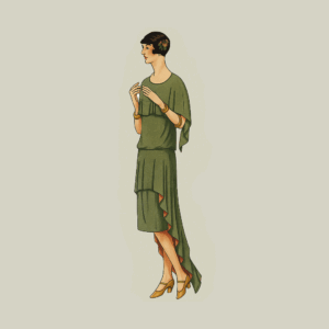 AI generated, vintage illustration of a woman wearing the Mid 1920s Slip-On Bloused Dress Sewing Pattern in green with a cape and layered skirt, representing authentic flapper-era fashion by Past Patterns.