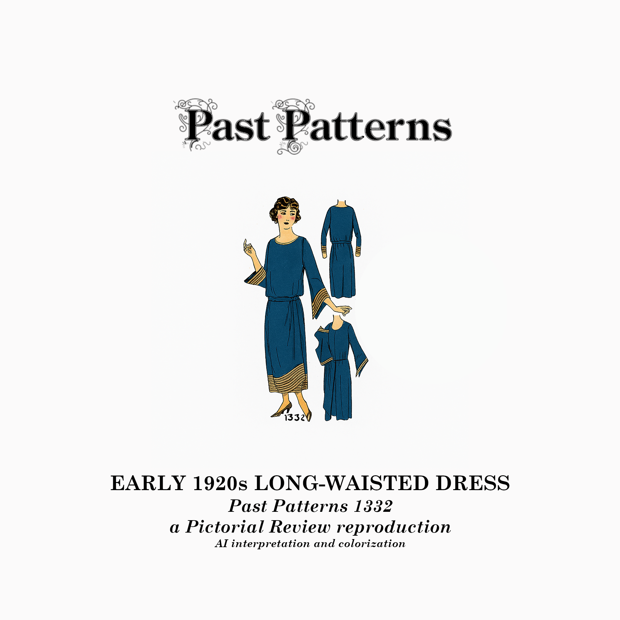 AI artwork inspired by cover image of Early 1920s Long-Waisted Dress Downloads by Past Patterns, showing 1922 flapper-style dress with dropped waist and oval neckline.