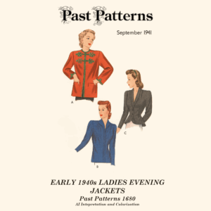 Colorized line art depicting three women in Early 1940s Ladies Evening Jackets Sewing Patterns, based on original 1941 Butterick artwork with tailored silhouettes.