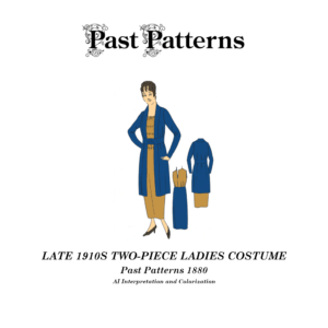 Late 1910s Two-Piece Ladies Costume Sewing Pattern envelope art for Past Patterns 1880 showing tailored jacket and skirt ensemble