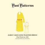 Early 1920s Long Waisted Dress Sewing Pattern featuring vest-style bodice and gathered skirt, shown in period-inspired colorized line art.