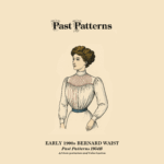 Colorized line art of the Early 1900s Bernard Waist Sewing Pattern featuring a high-neck tucked yoke, bishop sleeves, back-button closure, and blue belt.