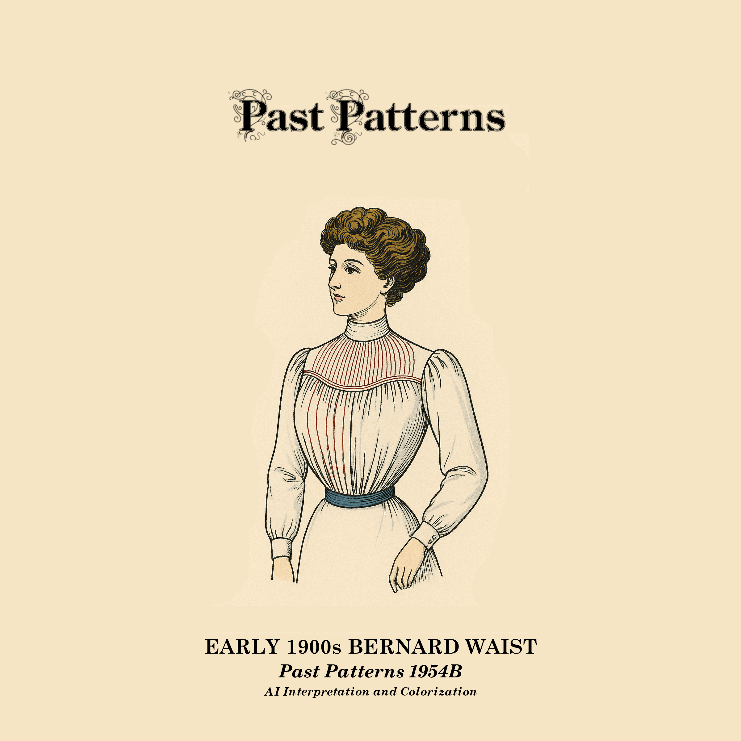 Colorized line art of the Early 1900s Bernard Waist Sewing Pattern featuring a high-neck tucked yoke, bishop sleeves, back-button closure, and blue belt.