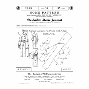 1920s Japanese Kimono Sewing Pattern cover showing views A and B, size 10, with sash options and pattern piece guide.