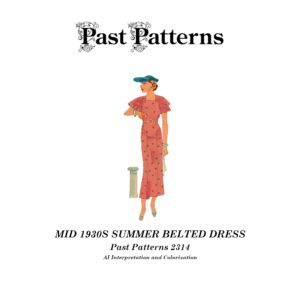 Mid 1930s Summer Belted Dress Sewing Pattern colorized illustration with capelet sleeves and belted waist
