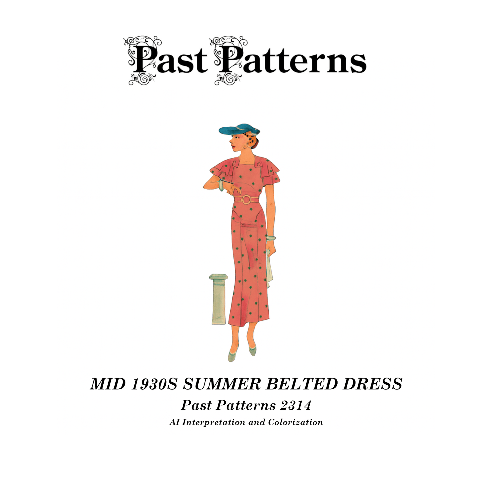 Mid 1930s Summer Belted Dress Sewing Pattern colorized illustration with capelet sleeves and belted waist