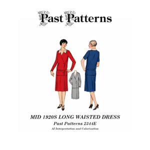 Mid 1920s Long Waisted Dress Sewing Pattern featuring a dropped waist silhouette, crossed front blouse with dual collars, long sleeves, narrow belt, and four-piece plaited skirt in 1926 flapper style.