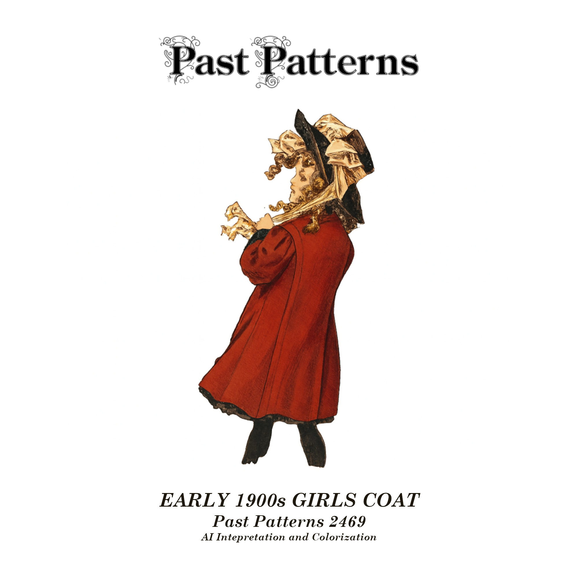 Colorized AI artwork of the Early 1900s Girls Coat Sewing Pattern, Past Patterns 2469, reproducing the original 1908 Butterick design with Gibson-style silhouette.