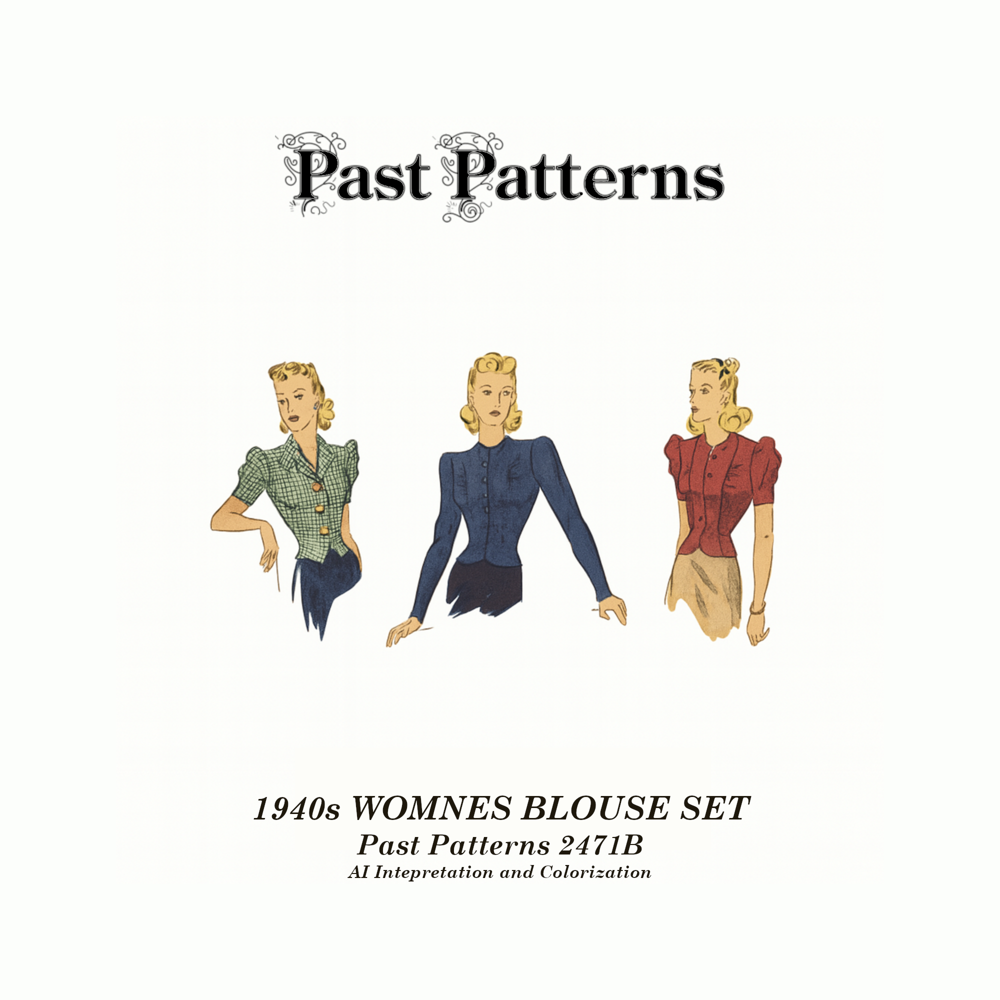 Colorized line art of the 1940s Womens Blouse Set Sewing Pattern, Du-Barry 2471B, showing two blouse variations with weskit collar and peplum detail.