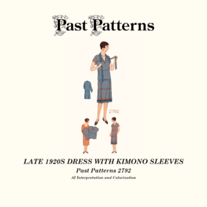 Late 1920s Dress with Kimono Sleeves Sewing Pattern colorized line art showing scalloped low waist, inverted box plaits, and collar with tie strings, Past Patterns 2792.