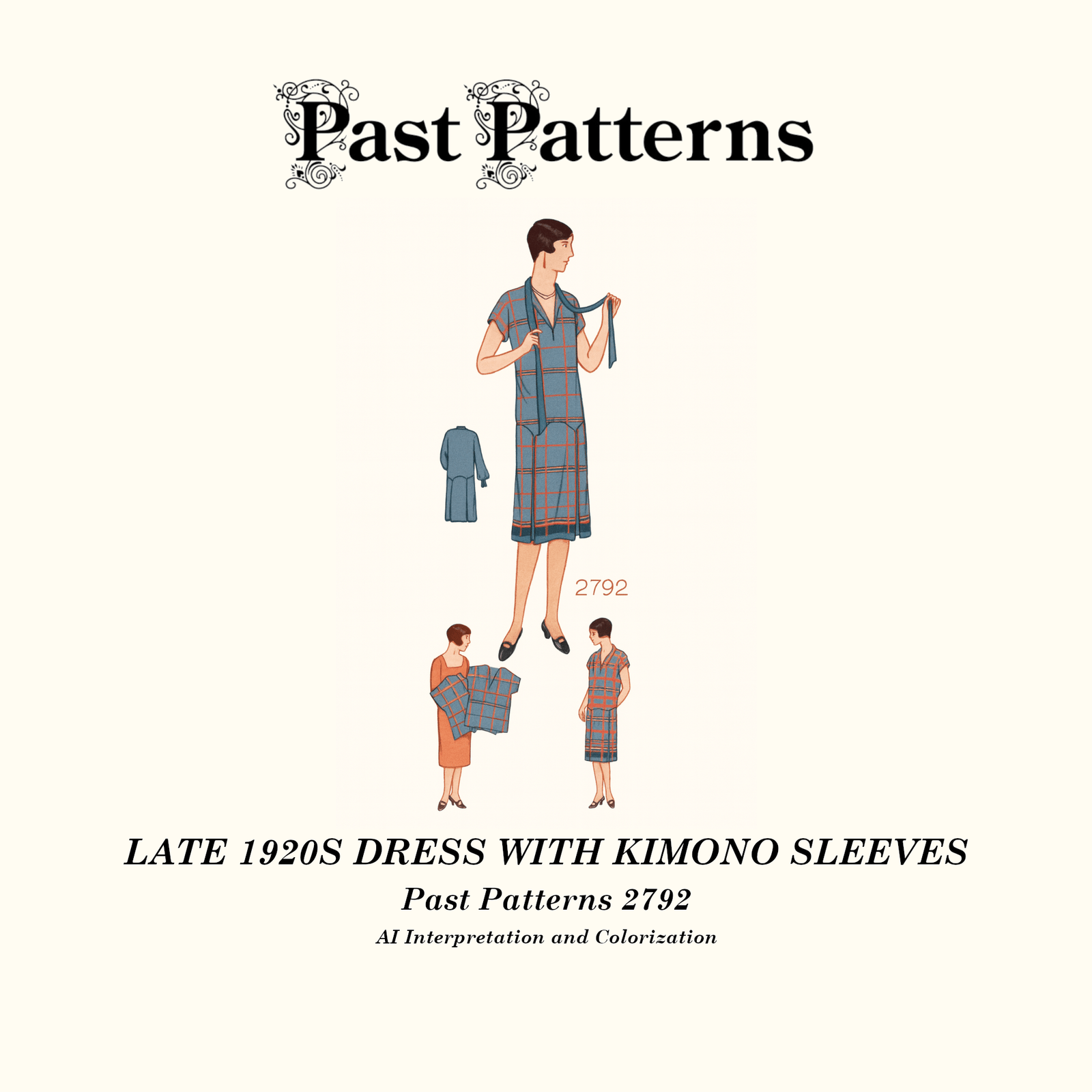 Late 1920s Dress with Kimono Sleeves Sewing Pattern colorized line art showing scalloped low waist, inverted box plaits, and collar with tie strings, Past Patterns 2792.