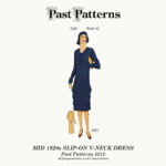 Mid 1920s Slip-On V-neck Dress Sewing Pattern | Past Patterns 3212 Colorized by AI interpretation of the original cover for Past Patterns 3212, Mid 1920s Slip-On V-neck Dress Sewing Pattern, featuring V-neck front and back with dropped waist and turn-back cuff sleeves.