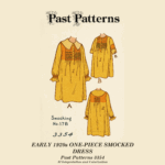 Early 1920s One-Piece Smocked Dress Sewing Pattern | Past Patterns 3354 Colorized line art of Early 1920s One-Piece Smocked Dress Sewing Pattern, showing 1921 Ladies’ Home Journal design with smocking and sleeve variations.
