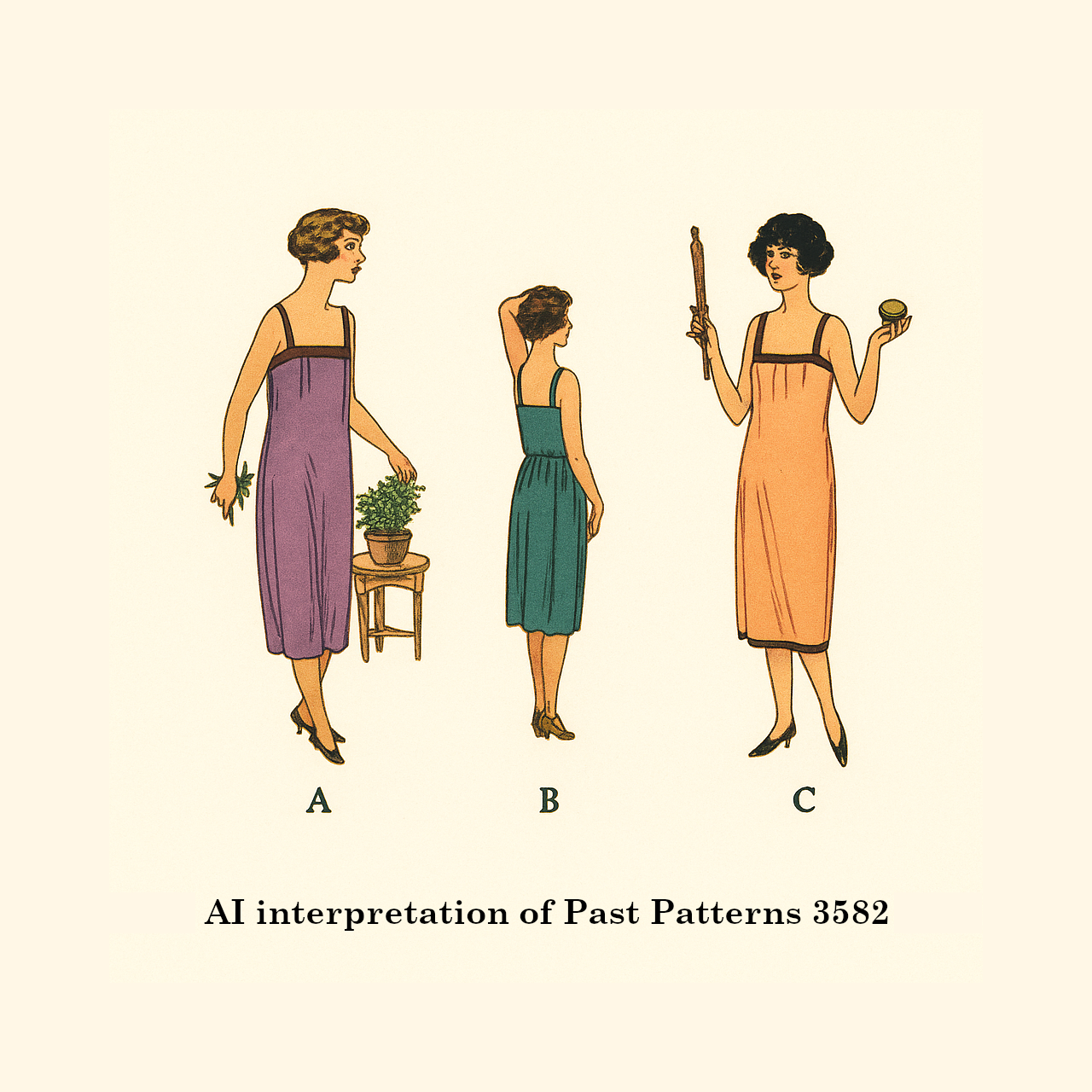 Colorized illustration of the 1920s Slip-On Costume Slip Sewing Pattern, showing three period-accurate garment variations from the 1920s. An authentic reproduction by Past Patterns.