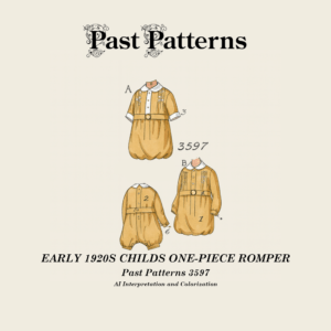 Colorized illustration from the Ladies’ Home Journal showing an early 1920s childs one-piece romper with box pleat front, long sleeves and cuffs, from Early 1920s Childs One-Piece Romper Sewing Pattern Past Patterns 3597.