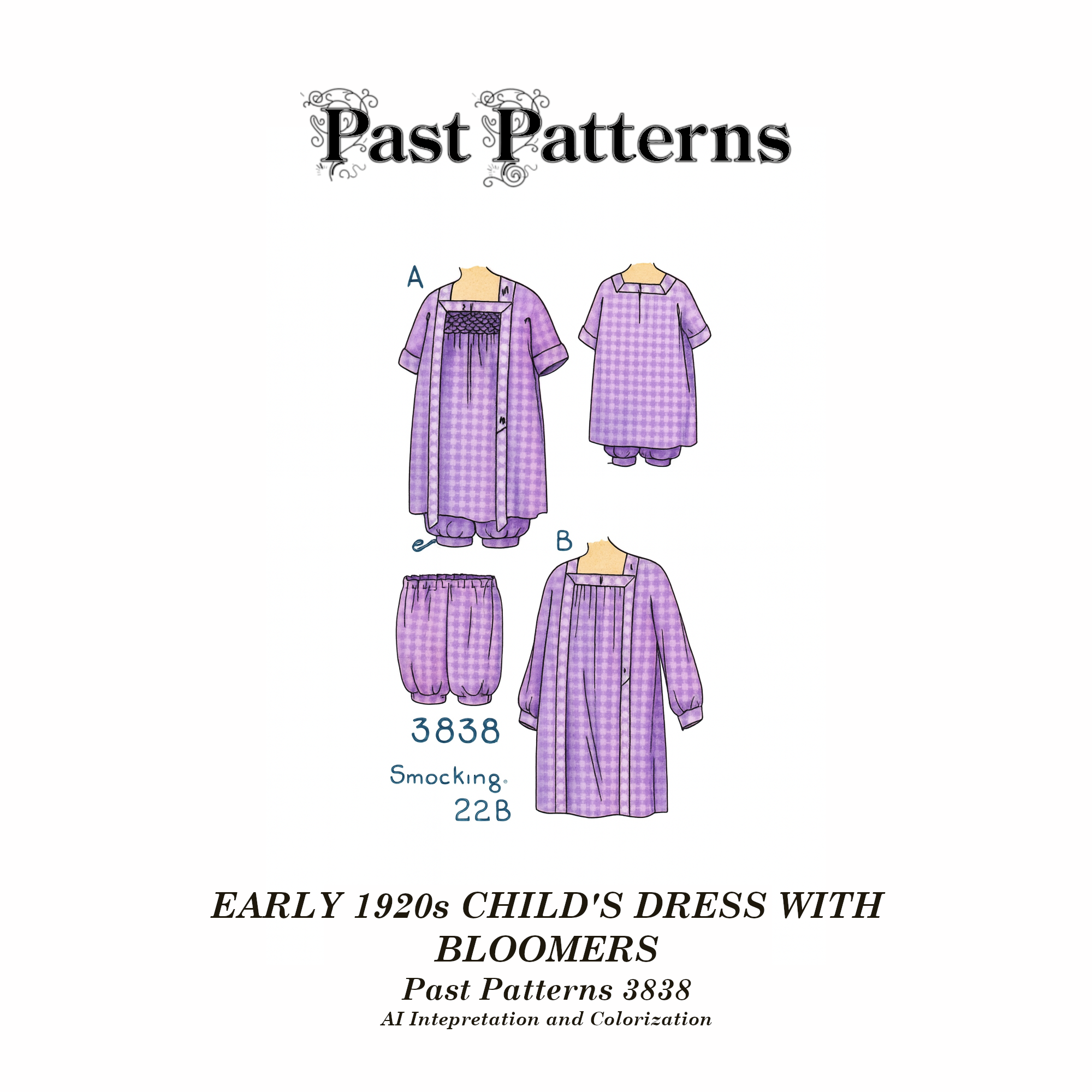 Early 1920s Child's Dress with Bloomers Sewing Pattern illustrated in lavender gingham with checked trim, inspired by original 1923 artwork.