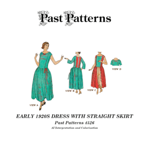 Early 1920s Dress with Straight Skirt Sewing Pattern colorized line art showing a 1923 Butterick 4526 low-waisted dress with full straight skirt and soft drape in period-accurate tones