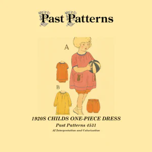 Colorized original cover artwork for 1920s Childs One-Piece Dress Sewing Pattern showing young girl in gathered raglan sleeve dress with bloomers