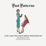 Late 1940s Two-Piece Dress with Peplum Sewing Pattern | Past Patterns 4586 Colorized envelope art for the Late 1940s Two-Piece Dress with Peplum Sewing Pattern showing a fitted blouse with cap sleeves, front buttons, narrow belt, flared peplum, and straight skirt.