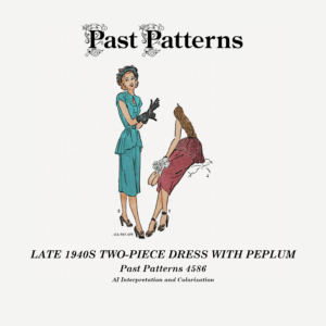Colorized envelope art for the Late 1940s Two-Piece Dress with Peplum Sewing Pattern showing a fitted blouse with cap sleeves, front buttons, narrow belt, flared peplum, and straight skirt.