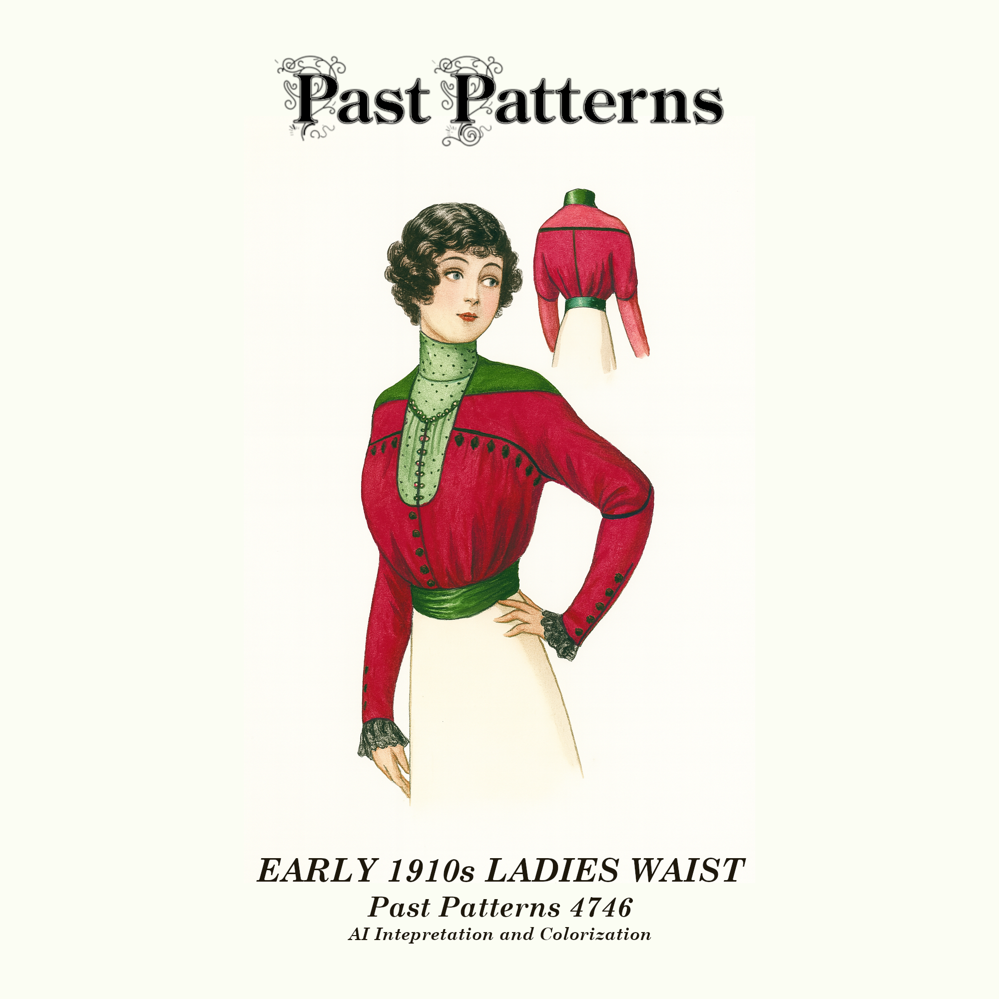 Colorized line art of Early 1910s Ladies Waist Sewing Pattern, Pictorial Review 1913 design with front-closing blouse, long or short sleeve options, historically accurate reproduction.