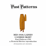 Mid 1910s Ladies Five-Gored Skirt Sewing Pattern | Past Patterns 4795 Colorized line art of the Mid 1910s Ladies Five-Gored Skirt from Past Patterns 4795, featuring a warm brown five-panel skirt with side button detail and period shoes, adapted from the original 1910s pattern envelope artwork.