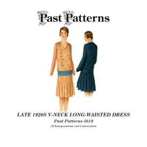 Colorized line art of Late 1920s V-neck Long-Waisted Dress Sewing Pattern McCall 5019 showing V-neck bodice, gathered shoulders, low waist seam, and knee-length skirt.