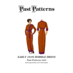 Early 1910s Hobble Dress Sewing Pattern colorized line art showing high waist dress with narrow four-piece skirt and long one-piece sleeves, Past Patterns 5433