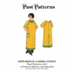 Edwardian Ladies Apron Sewing Pattern | Past Patterns 5438 Colorized illustration of Edwardian Ladies Apron Sewing Pattern, showing a mustard-yellow full-length apron with green trim, short raglan sleeves, a front pocket, and back button closure, based on the original 1915 Pictorial Review artwork.