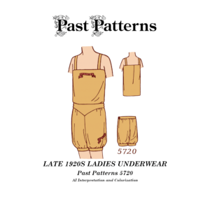 Colorized line art from the original cover of the Late 1920s Ladies Underwear Sewing Pattern showing an undervest with shoulder straps and high-waisted panties with leg bands.