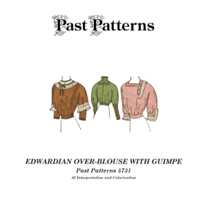 Colorized line art of Edwardian Over-Blouse with Guimpe Sewing Pattern Past Patterns 5731 showing square and round neckline options with gathered waist and one-seam sleeves, circa 1908, Bust 32.