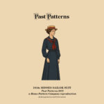 1910s Misses Sailor Suit Sewing Pattern | Past Patterns 5873 Colorized line art of the 1910s Misses Sailor Suit Sewing Pattern, showing an Edwardian young woman in a navy blouse with white sailor collar and red tie, paired with a gored skirt and straw boater hat, reflecting mid-1910s nautical fashion.