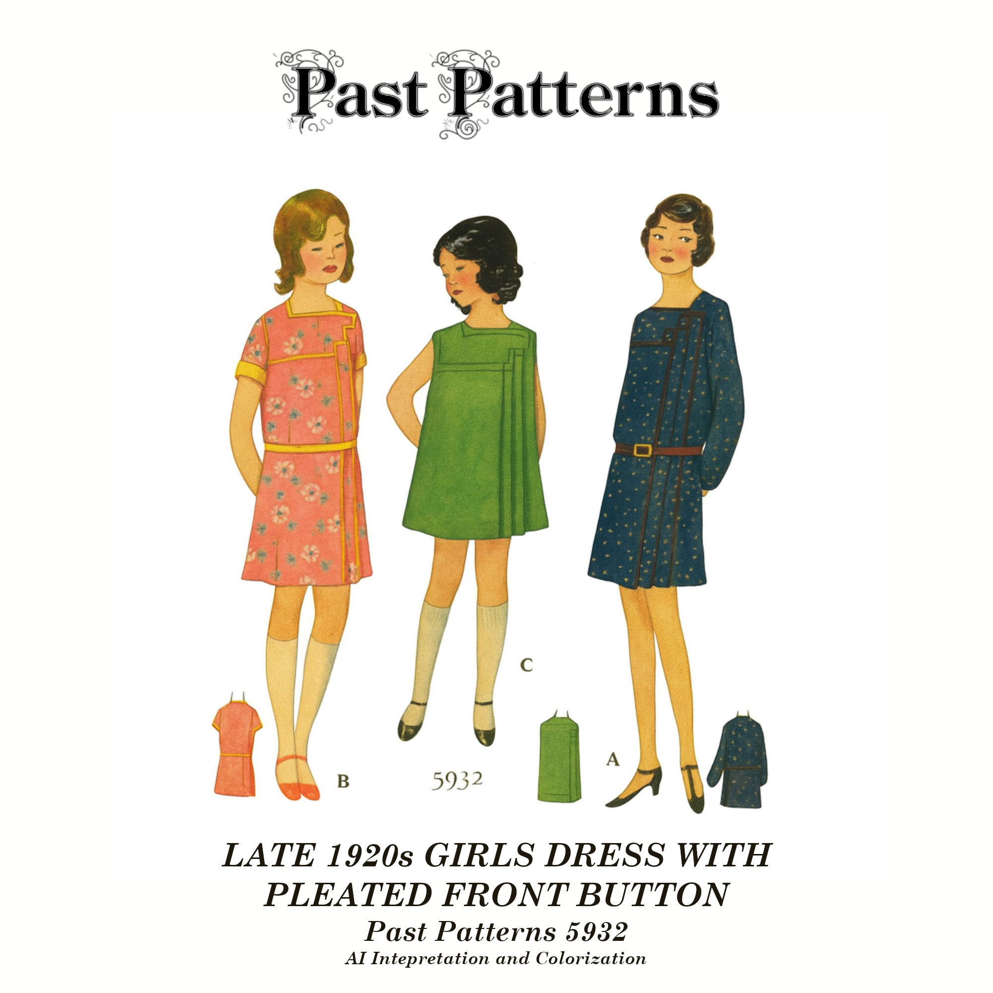 Colorized line art of a Late 1920s Girls Dress with Pleated Front Button Closure Sewing Pattern, based on original McCall envelope artwork. Shows stair-step yoke and all three sleeve options.