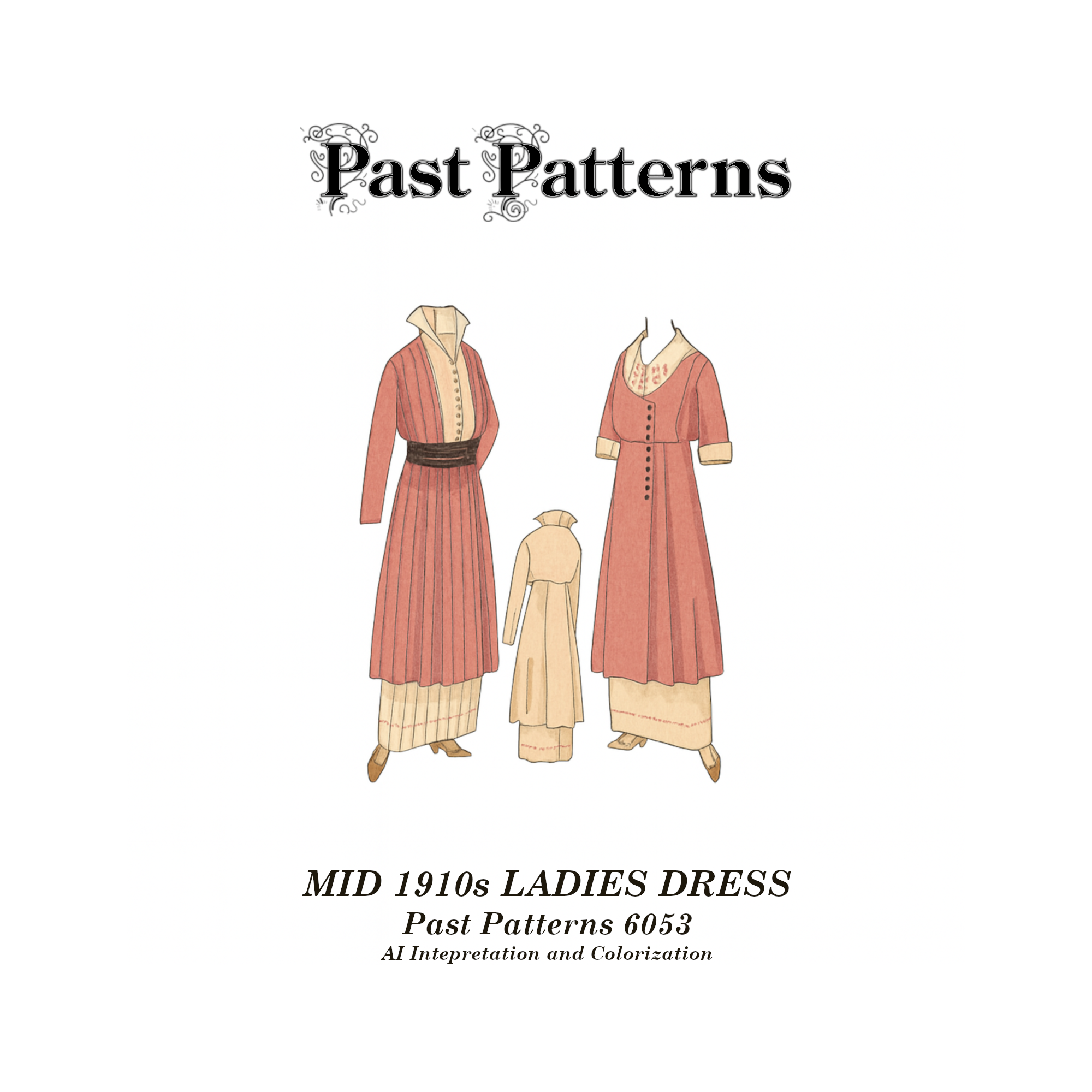 Colorized line art of the Mid 1910s Ladies Dress Sewing Pattern, Past Patterns 6053. Features a 1914 McCall design with tunic and sleeve variations, styled in period-accurate colors.