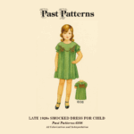Late 1920s Smocked Dress Sewing Pattern | Past Patterns 6108 Vintage illustration of a young girl wearing the Late 1920s Smocked Dress Sewing Pattern (Past Patterns 6108). The dress is green with red smocking details across the yoke and sleeves, styled with short raglan sleeves and a scalloped neckline. Inset views show the smocking pattern and the back of the dress.