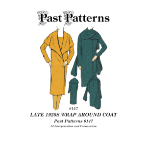 Colorized illustration of a late 1920s wrap-around evening coat with cape collar and draped front from the Late 1920s Wrap Around Coat Sewing Pattern by Past Patterns.