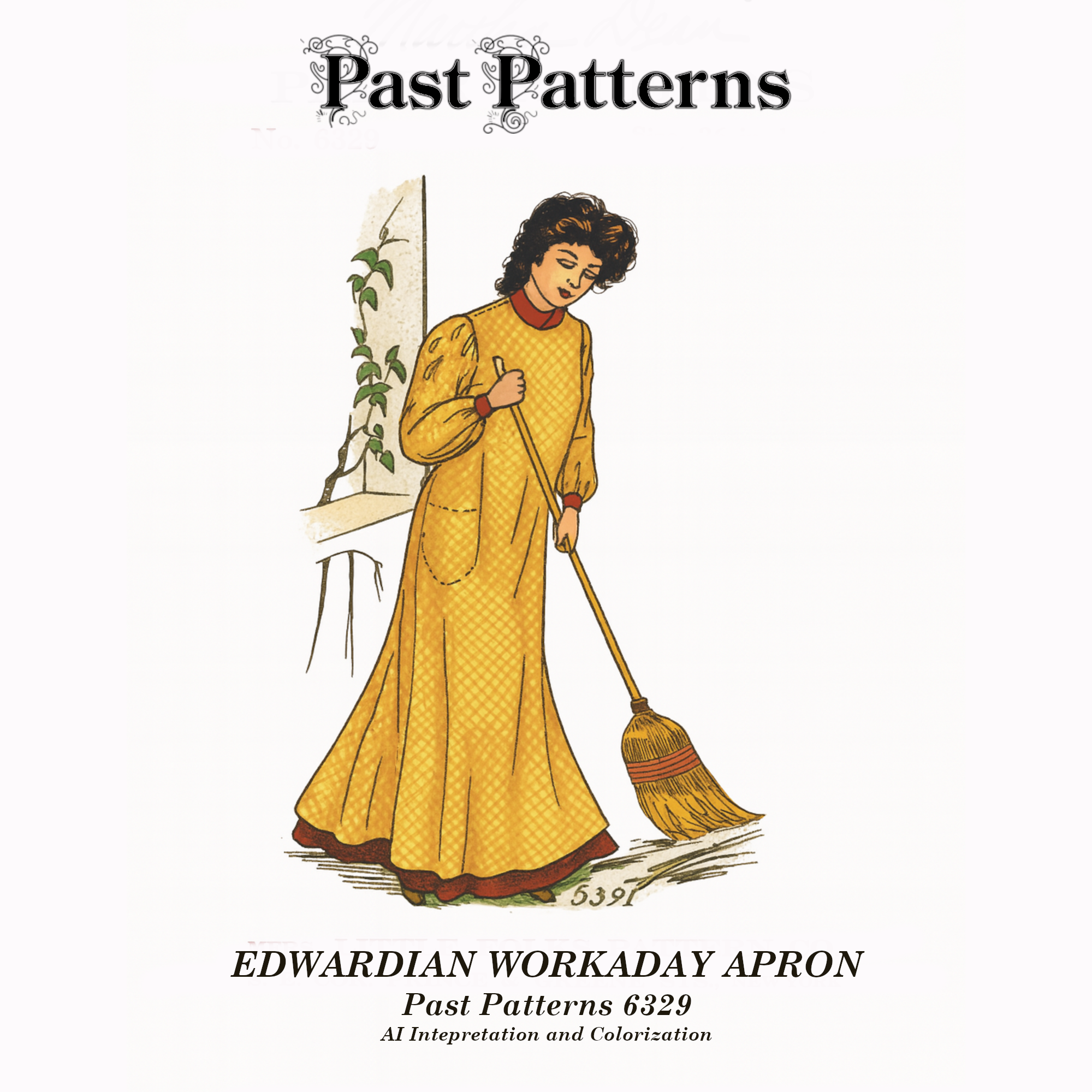Edwardian Workaday Apron Sewing Pattern | Past Patterns 6329 in period-accurate colors, full-length apron with wide coverage and front pocket.