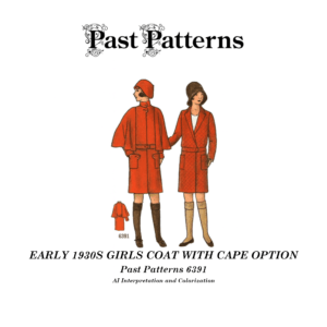 Main product image: Early 1930s girls coat with cape option sewing pattern envelope showing two coat views from Past Patterns 6391
