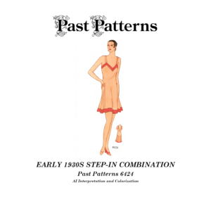 Colorized line art of Early 1930s Step-in Combination Sewing Pattern showing low back, V-front neckline, lace inset details and circular side panels