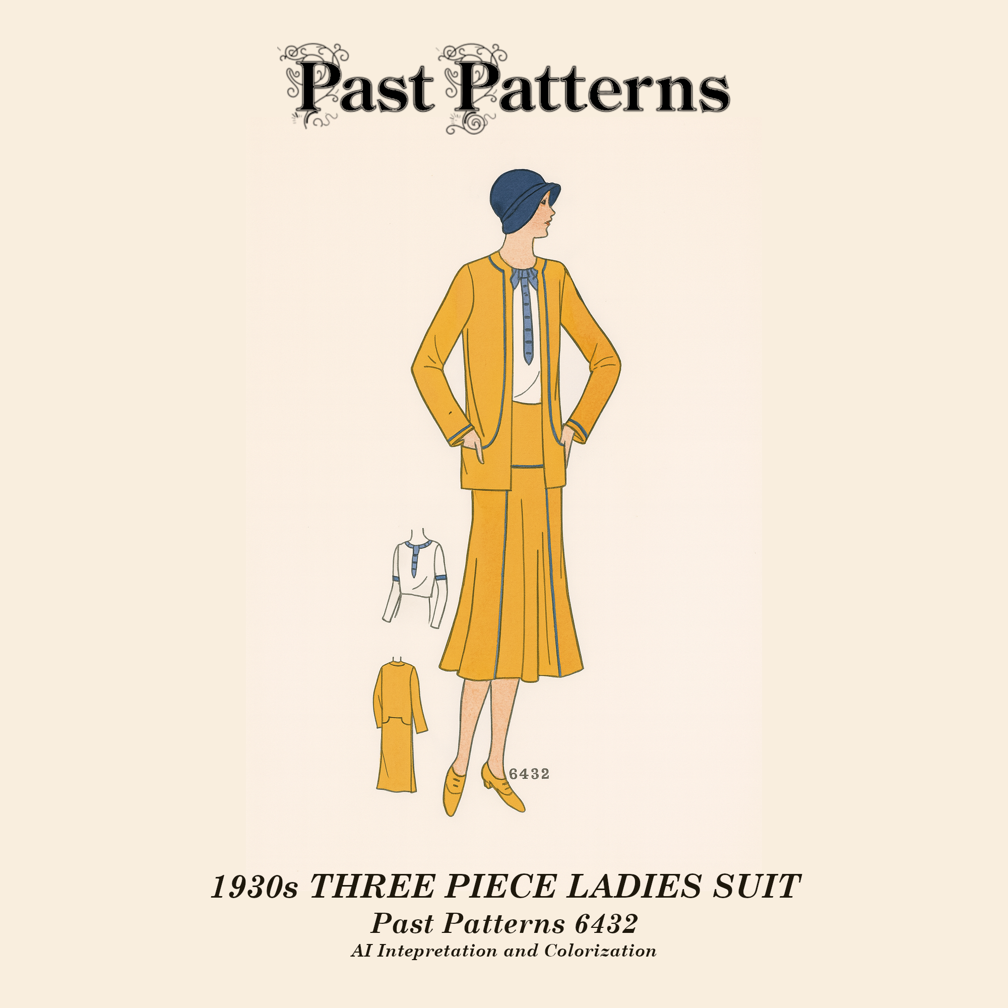 Colorized artwork of the 1930s Three Piece Ladies Suit Sewing Pattern, recreated by AI from the original black and white cover, showing a short jacket, tuck-in blouse, and skirt with circular inset.