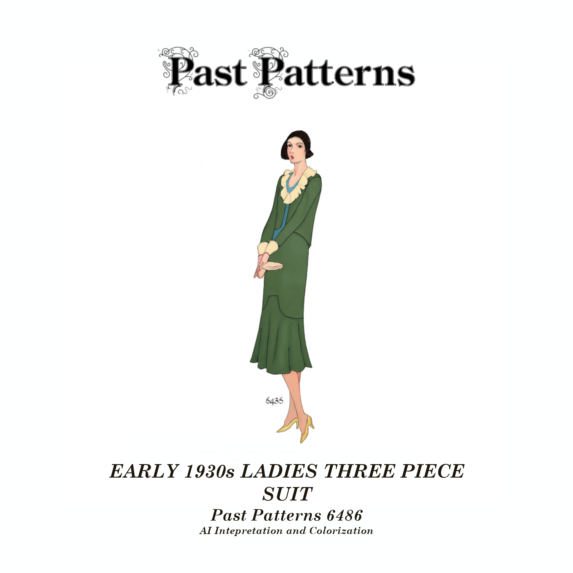 Early 1930s Ladies Three Piece Suit Sewing Pattern – colorized line art from the original envelope showing a bolero jacket, tucked blouse, and flounced skirt (Past Patterns 6486).