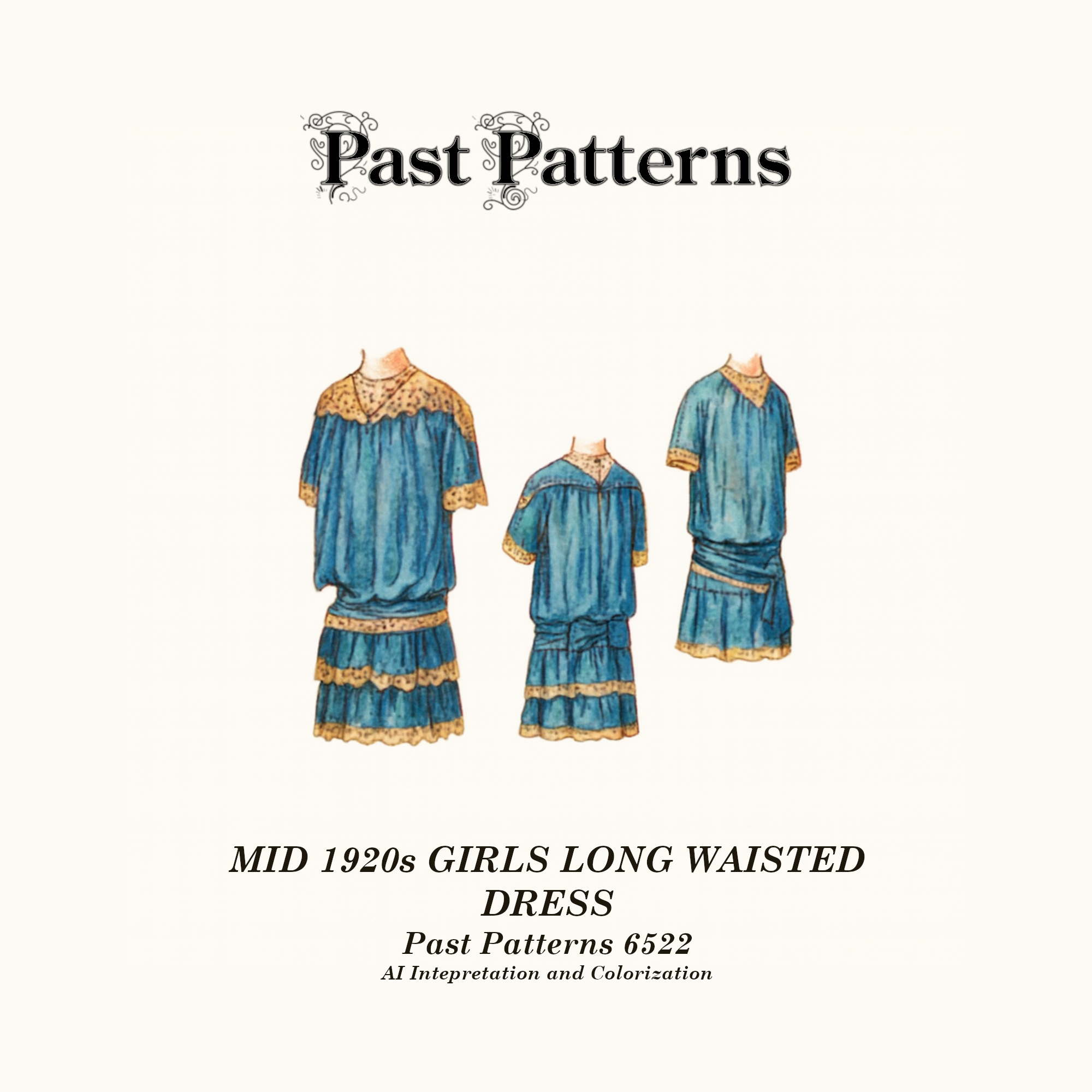 Mid 1920s Girls Long Waisted Dress Sewing Pattern – Past Patterns 6522 – colorized artwork based on original Butterick envelope illustration