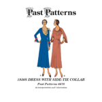 1930s Dress with Side-tie Collar Sewing Pattern | Past Patterns 6670 Colorized line art of 1930s Dress with Side-tie Collar Sewing Pattern 6670 showing long fitted skirt, slashed neckline with dramatic side-tie collar, and optional long or flared sleeves.