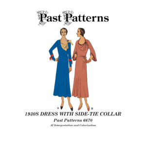 Colorized line art of 1930s Dress with Side-tie Collar Sewing Pattern 6670 showing long fitted skirt, slashed neckline with dramatic side-tie collar, and optional long or flared sleeves.
