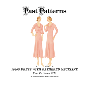 1930s Dress with Gathered Neckline Sewing Pattern by Past Patterns showing McCall 6773 envelope artwork with long and short sleeve dress views